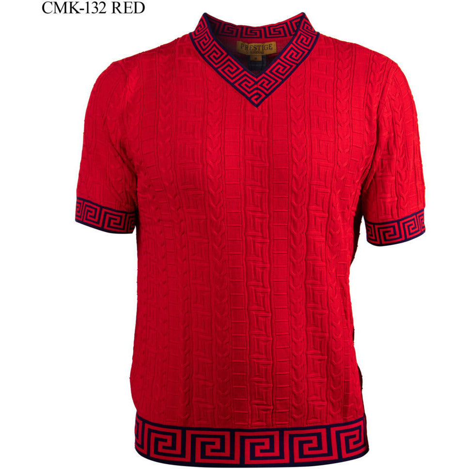 Prestige Red & Navy Greek Trim Luxury Knit Shirt CMK-132-RED