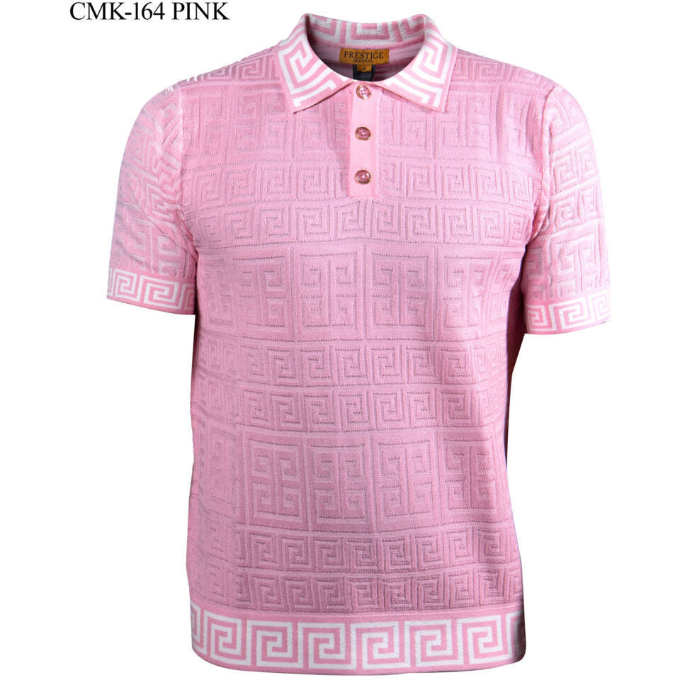 Prestige Pink White Luxury Knit Greek Polo Shirt CMK-164-PINK
