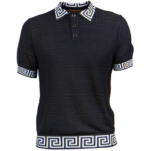 Prestige Black Luxury Knit Greek Key Polo Shirt