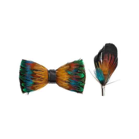 Multi Color Black Red Green Feather Brackish Bowtie And Lapel Pin