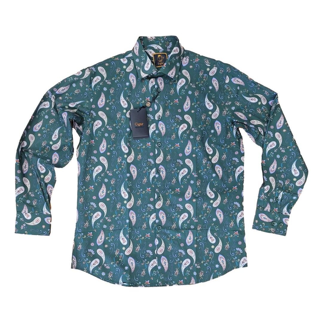Cigar Forrest Green Casual Paisley Shirt - S-4402
