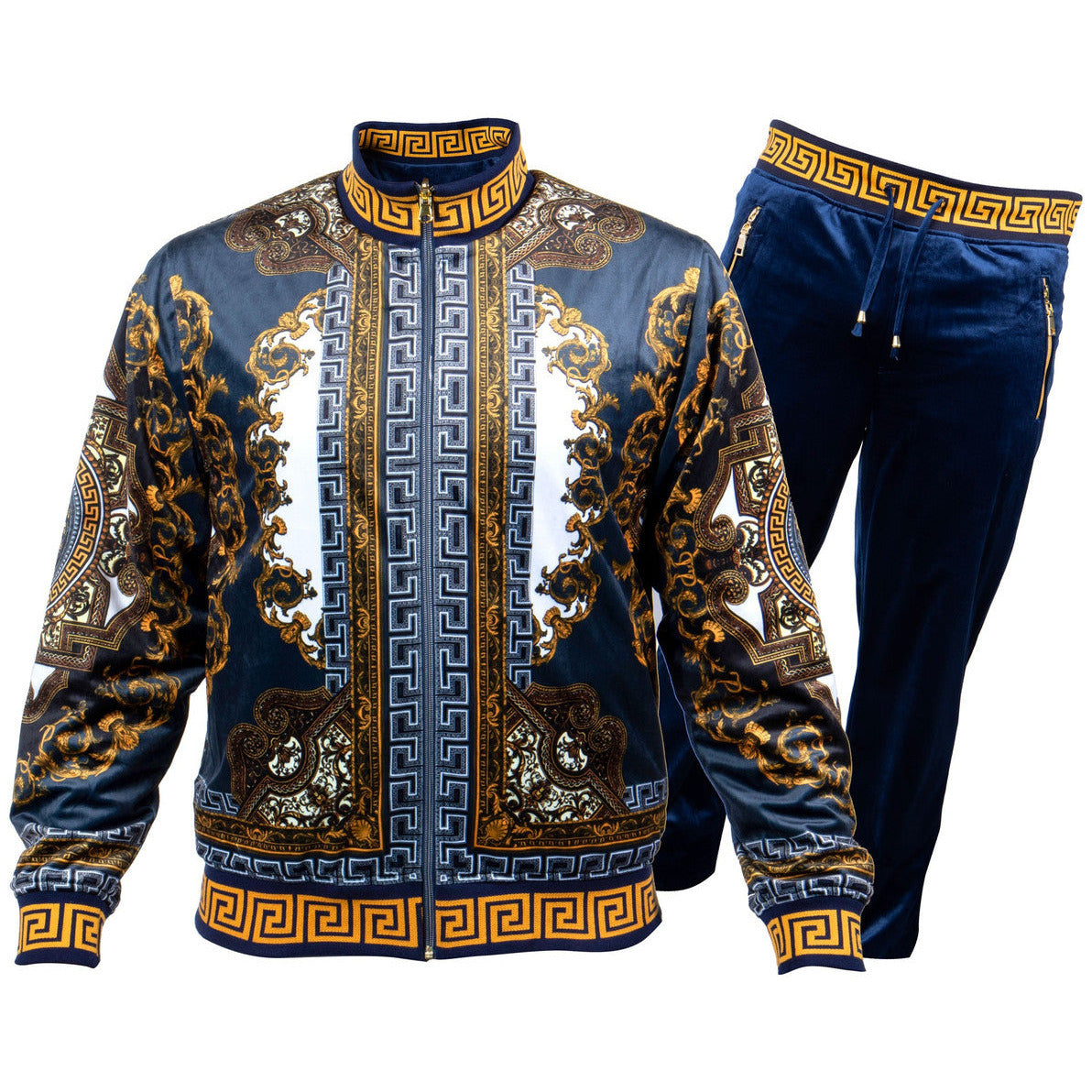 Prestige Navy Blue Gold Reversible Velvet Luxury Jogger Suit