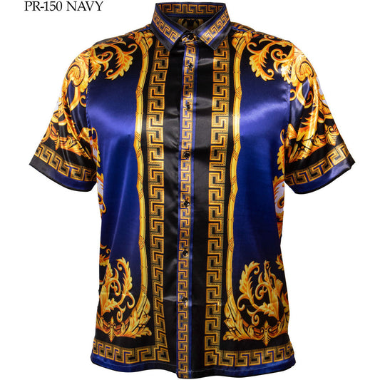 PRESTIGE VERSACE INSPIRED NAVY GOLD SATIN SHIRT