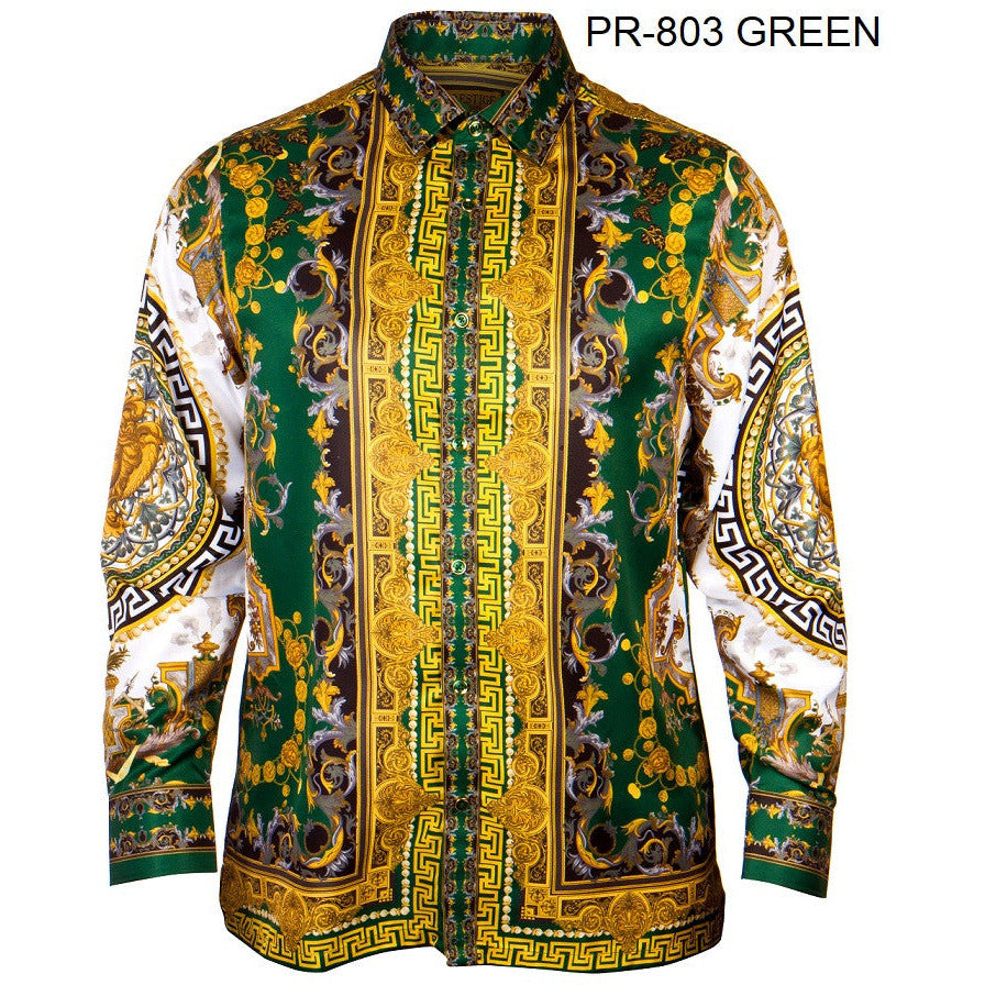 PRESTIGE BUTTON DOWN GREEN AND GOLD PATTERNED SILKY SHIRT